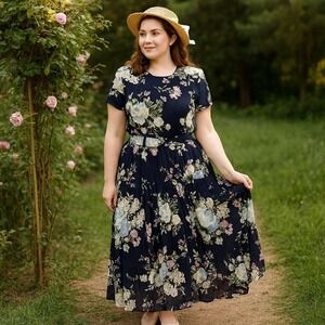 Vintage 90s Ansley Navy Blue Floral Maxi Dress Rayon Pleated Skirt Belted USA 12